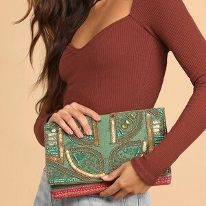 Embellished Green Beaded Clutch